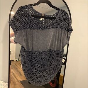 Free People Navy Blue Crochet Short Sleeve Cover Up Top Shirt XS Boho